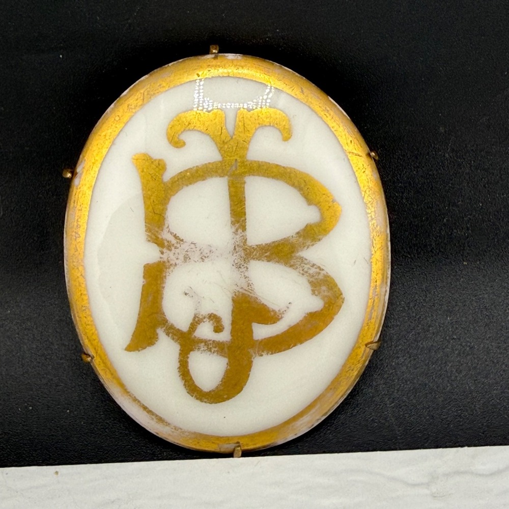 Vintage Hand Painted Porcelain Brooch Gold Tone Oval Monogram